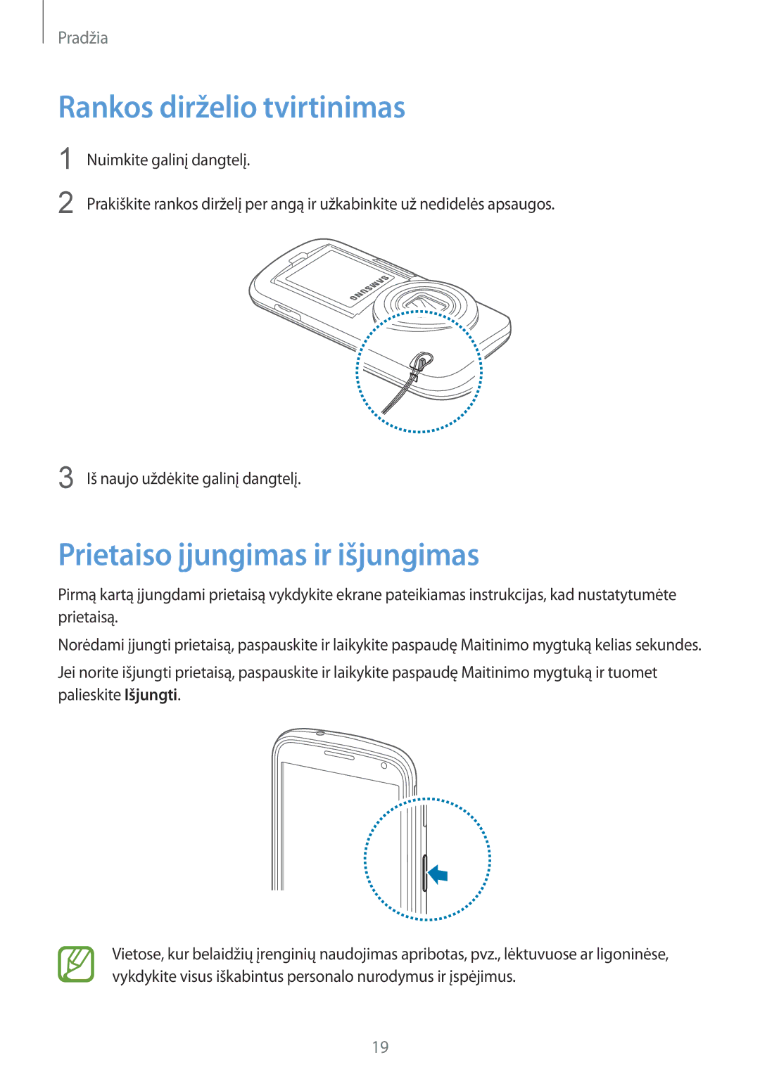 Samsung SM-C1150ZKADBT, SM-C1150ZKASEB, SM-C1150ZWASEB manual Rankos dirželio tvirtinimas, Prietaiso įjungimas ir išjungimas 