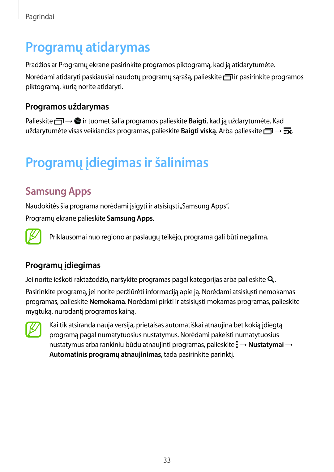 Samsung SM-C1150ZKASEB manual Programų atidarymas, Programų įdiegimas ir šalinimas, Samsung Apps, Programos uždarymas 