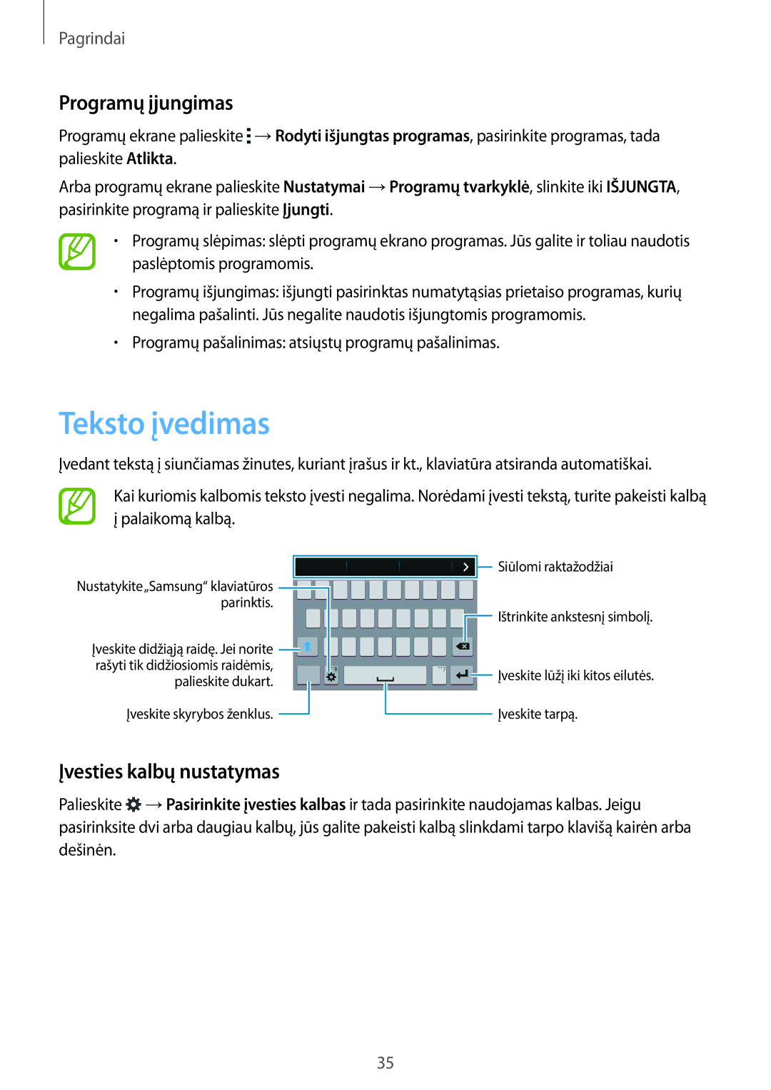 Samsung SM-C1150ZWASEB, SM-C1150ZKASEB, SM-C1150ZKADBT manual Teksto įvedimas, Programų įjungimas, Įvesties kalbų nustatymas 