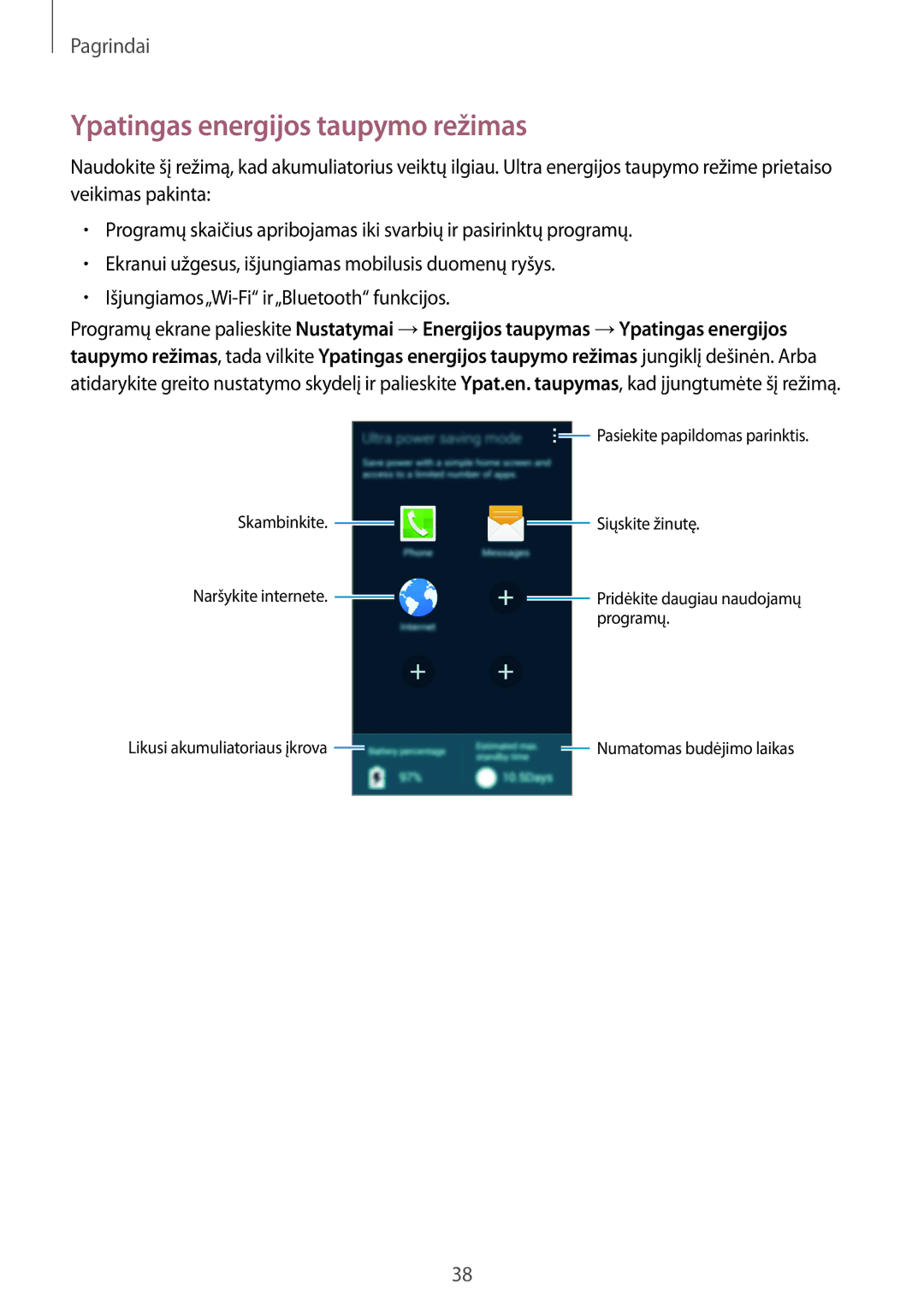 Samsung SM-C1150ZWASEB, SM-C1150ZKASEB, SM-C1150ZKADBT manual Ypatingas energijos taupymo režimas 