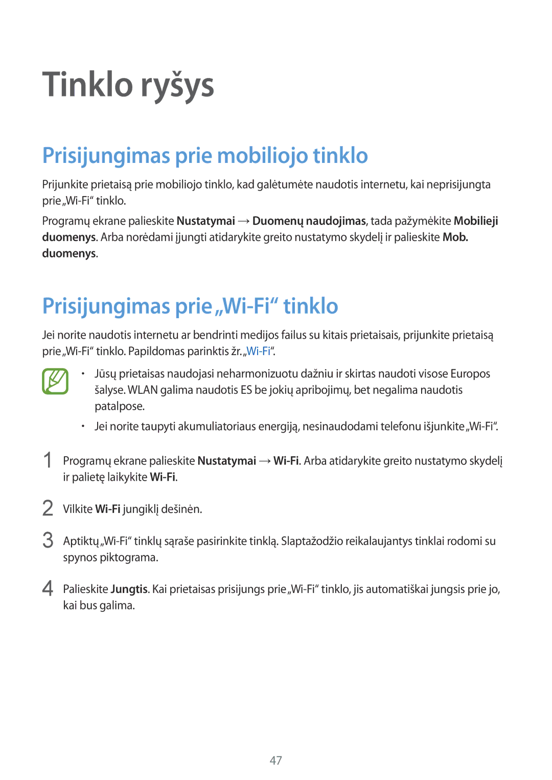 Samsung SM-C1150ZWASEB, SM-C1150ZKASEB Tinklo ryšys, Prisijungimas prie mobiliojo tinklo, Prisijungimas prie„Wi-Fi tinklo 