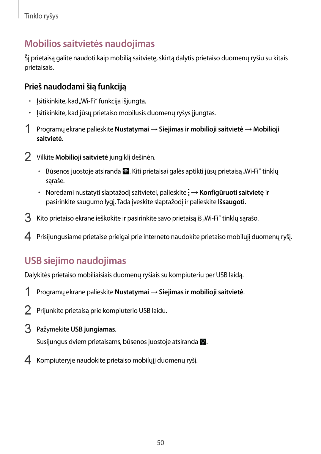 Samsung SM-C1150ZWASEB manual Mobilios saitvietės naudojimas, USB siejimo naudojimas, Prieš naudodami šią funkciją 