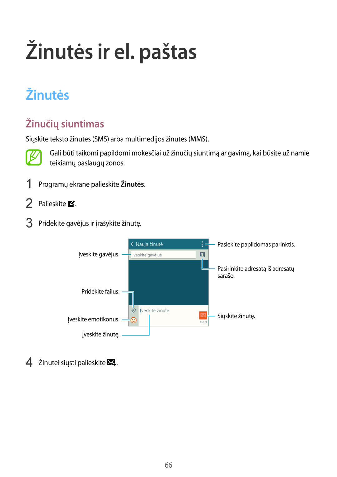 Samsung SM-C1150ZKASEB, SM-C1150ZKADBT, SM-C1150ZWASEB manual Žinutės ir el. paštas, Žinučių siuntimas 