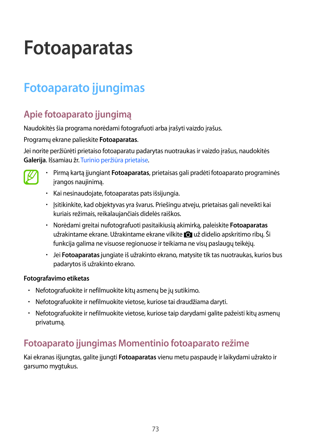 Samsung SM-C1150ZKADBT manual Fotoaparatas, Fotoaparato įjungimas, Apie fotoaparato įjungimą, Fotografavimo etiketas 