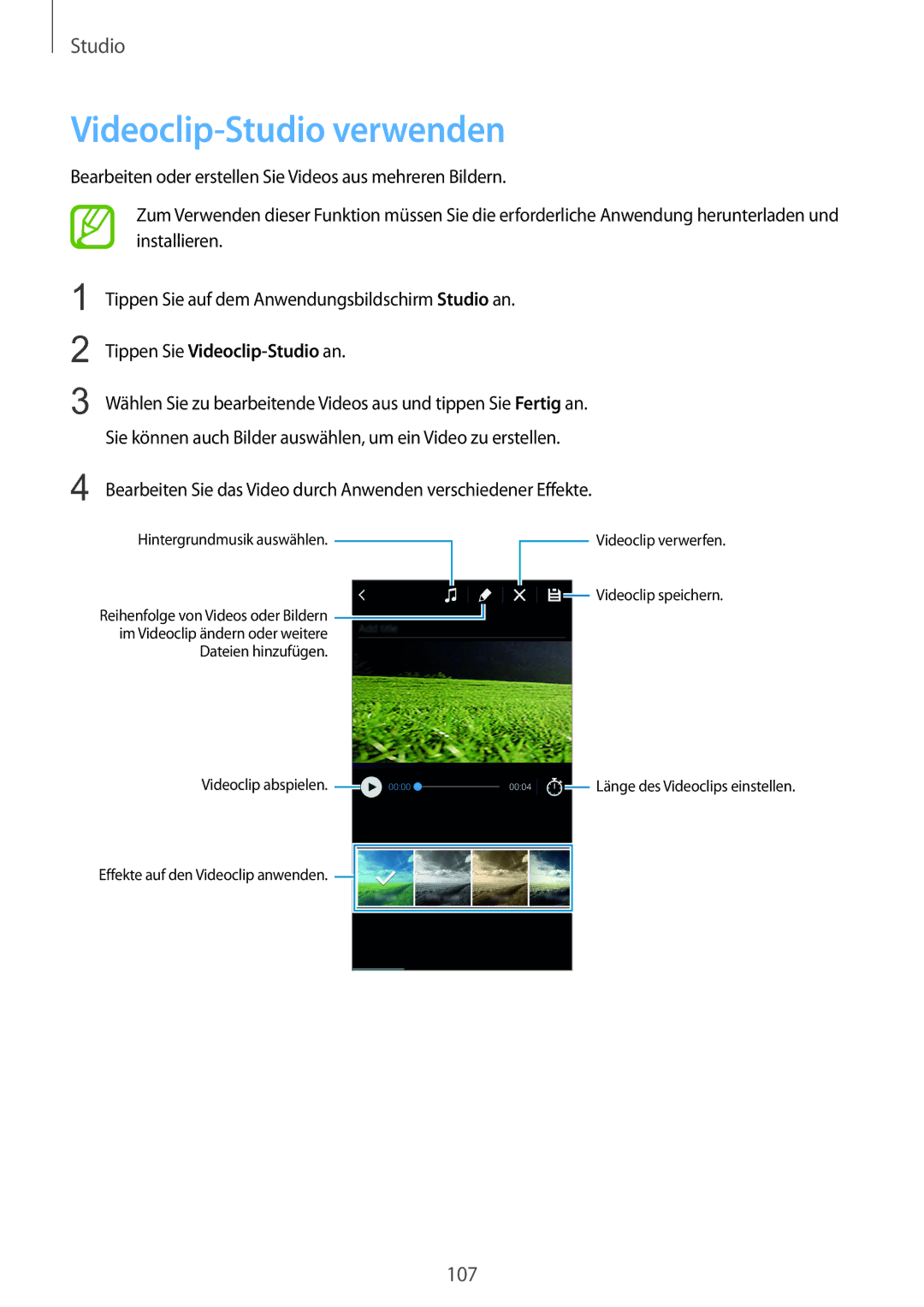 Samsung SM-C1150ZKADBT, SM-C1150ZKASEB, SM-C1150ZWAEUR manual Videoclip-Studio verwenden, Tippen Sie Videoclip-Studio an 