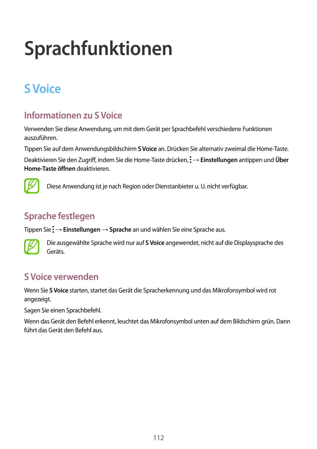 Samsung SM-C1150ZBADBT, SM-C1150ZKASEB Sprachfunktionen, Informationen zu S Voice, Sprache festlegen, Voice verwenden 