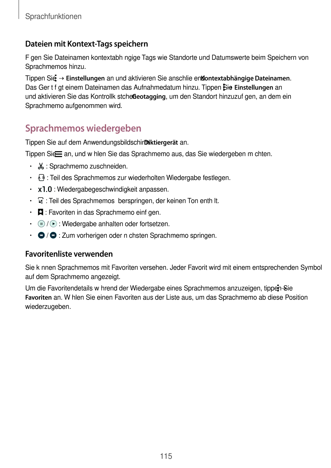 Samsung SM-C1150ZWAEUR manual Sprachmemos wiedergeben, Dateien mit Kontext-Tags speichern, Favoritenliste verwenden 