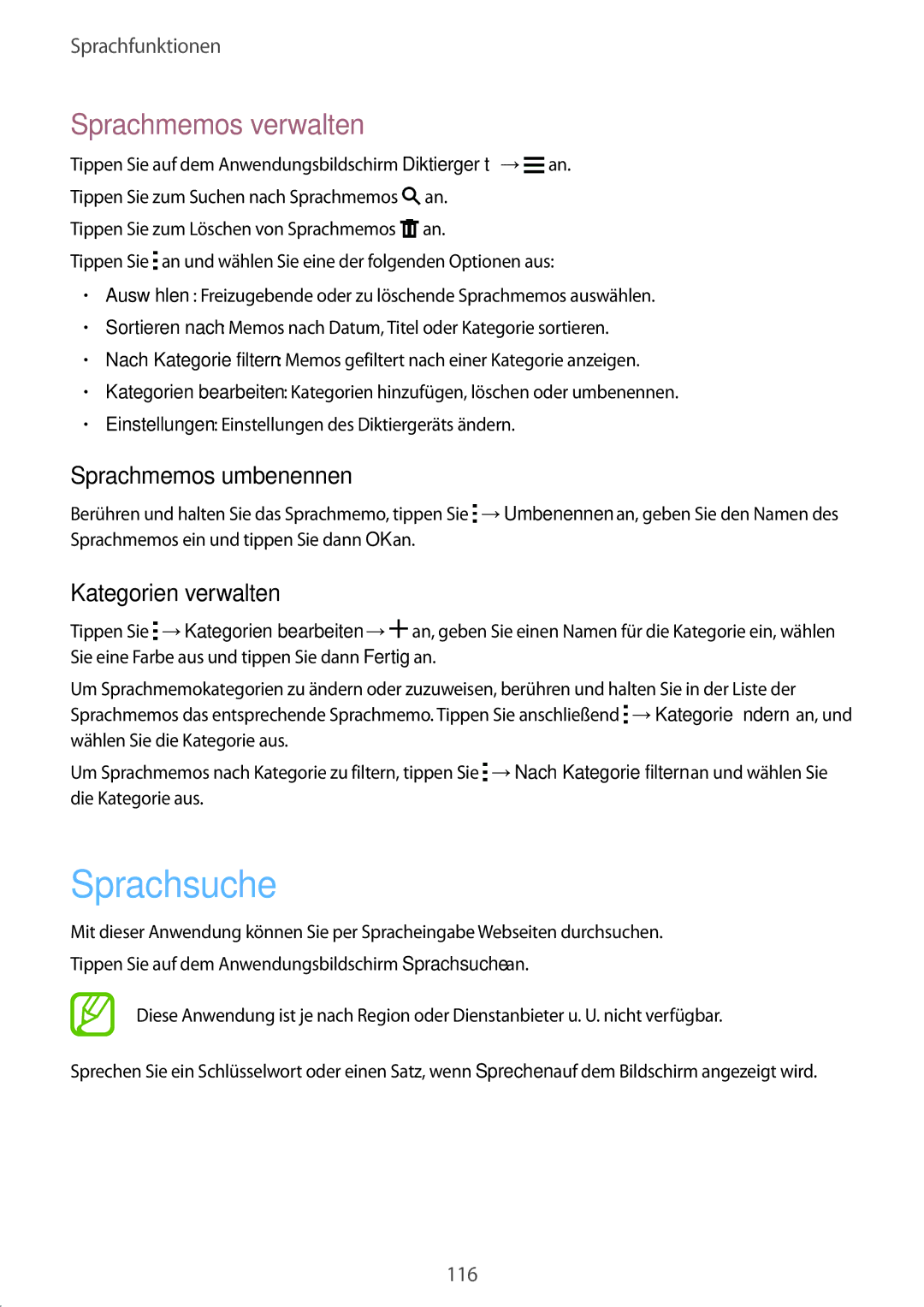 Samsung SM-C1150ZWADBT, SM-C1150ZKASEB Sprachsuche, Sprachmemos verwalten, Sprachmemos umbenennen, Kategorien verwalten 