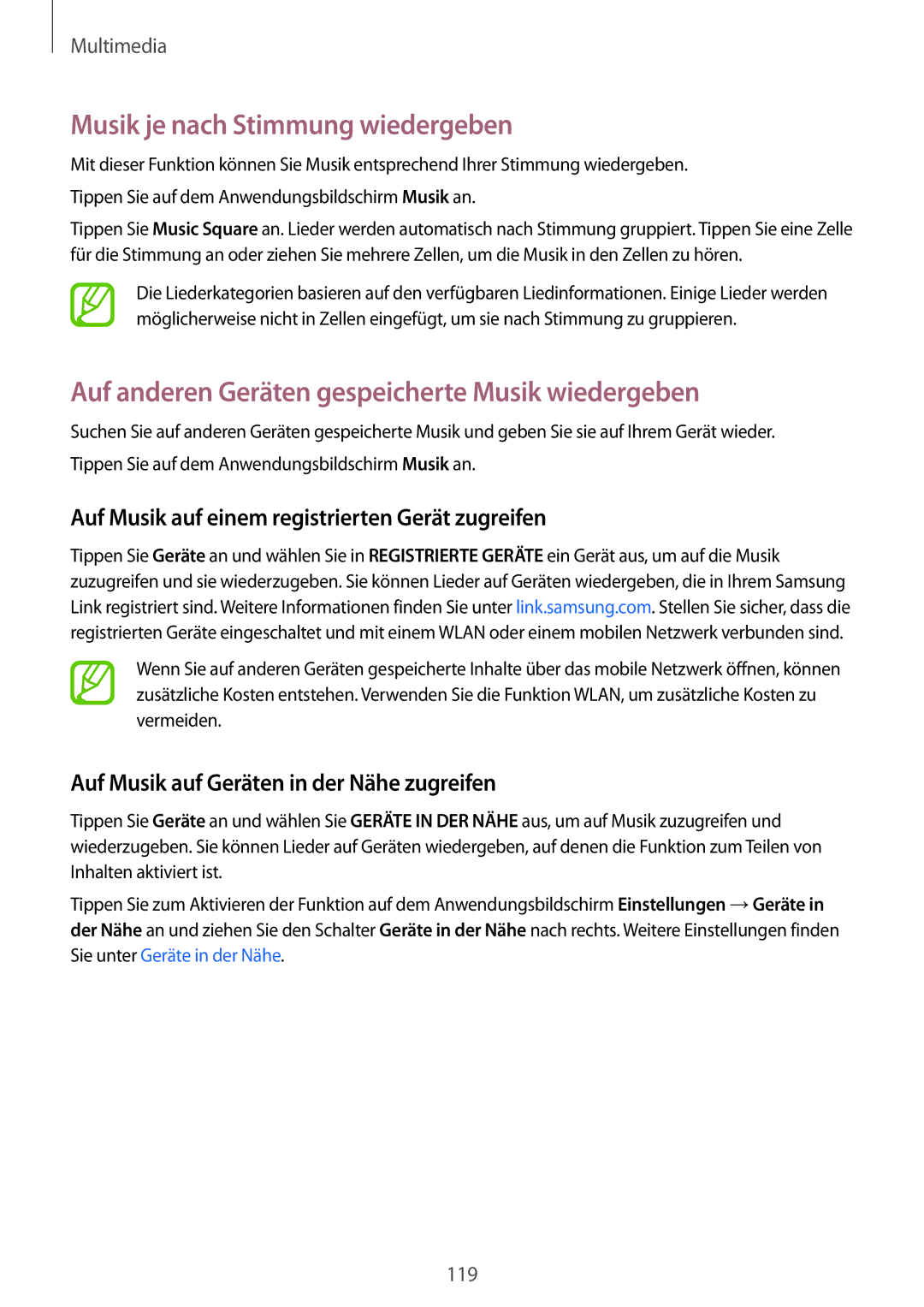 Samsung SM-C1150ZKADBT manual Musik je nach Stimmung wiedergeben, Auf anderen Geräten gespeicherte Musik wiedergeben 