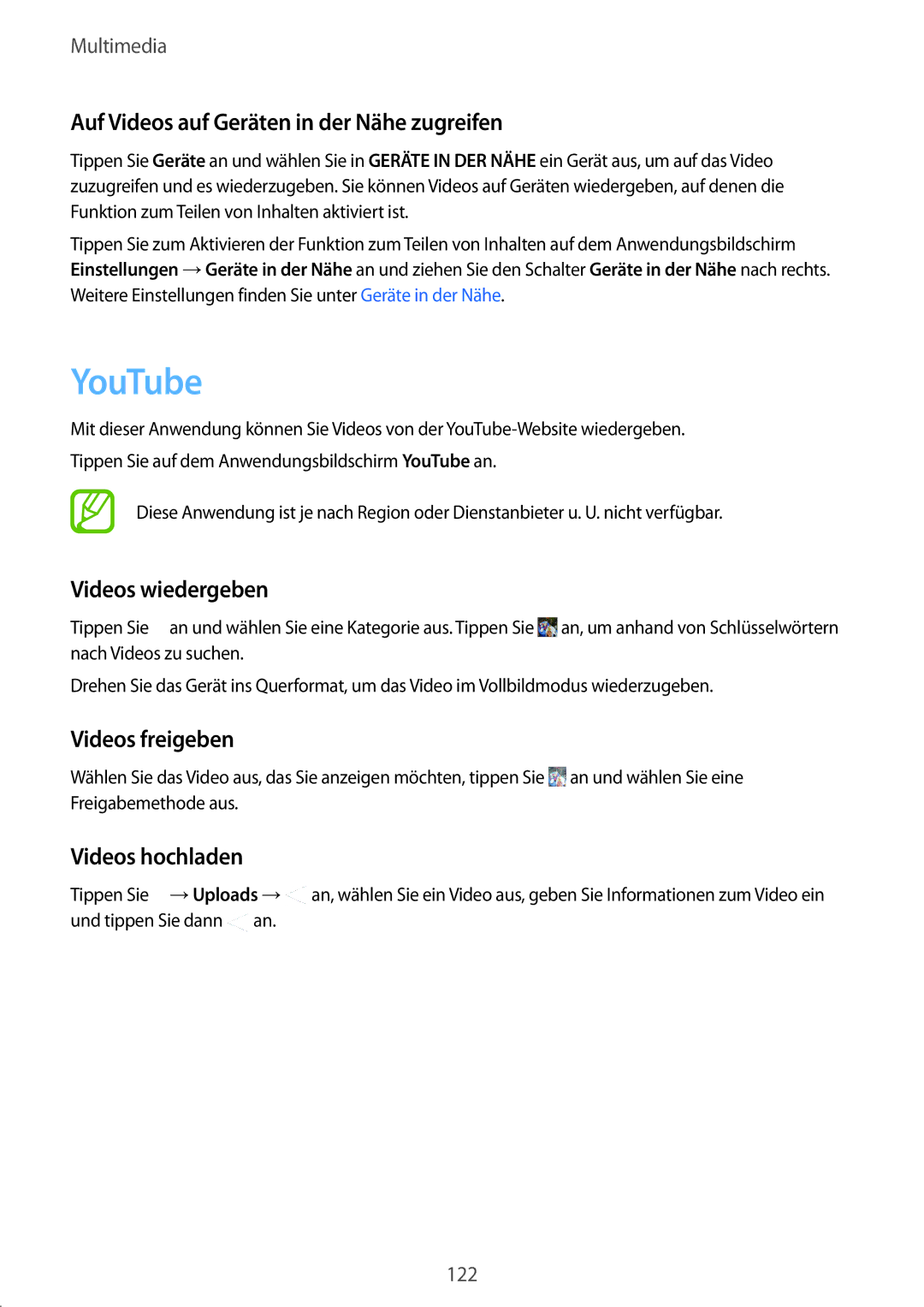 Samsung SM-C1150ZWADBT manual YouTube, Auf Videos auf Geräten in der Nähe zugreifen, Videos wiedergeben, Videos freigeben 