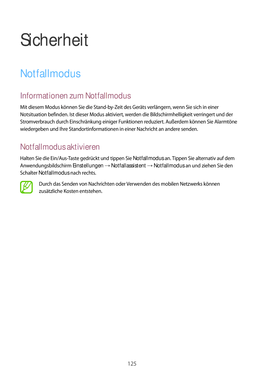 Samsung SM-C1150ZKADBT, SM-C1150ZKASEB manual Sicherheit, Informationen zum Notfallmodus, Notfallmodus aktivieren 