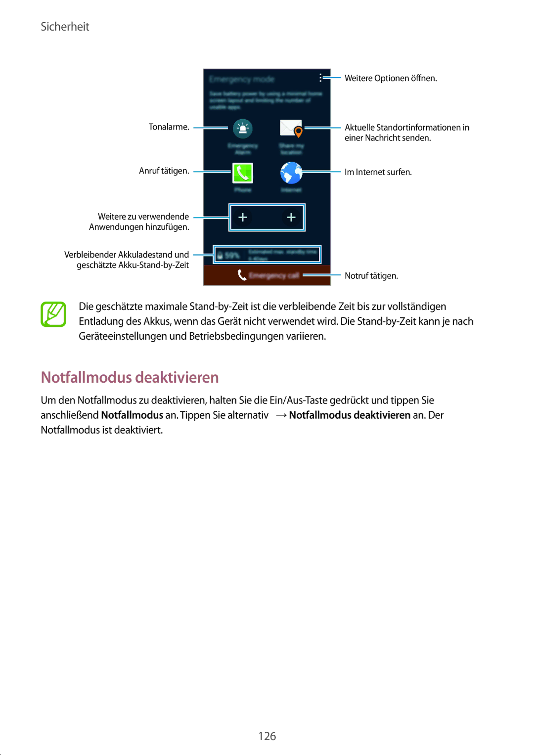 Samsung SM-C1150ZKASEB, SM-C1150ZWAEUR, SM-C1150ZWADBT, SM-C1150ZKAEUR, SM-C1150ZBADBT Notfallmodus deaktivieren, Sicherheit 