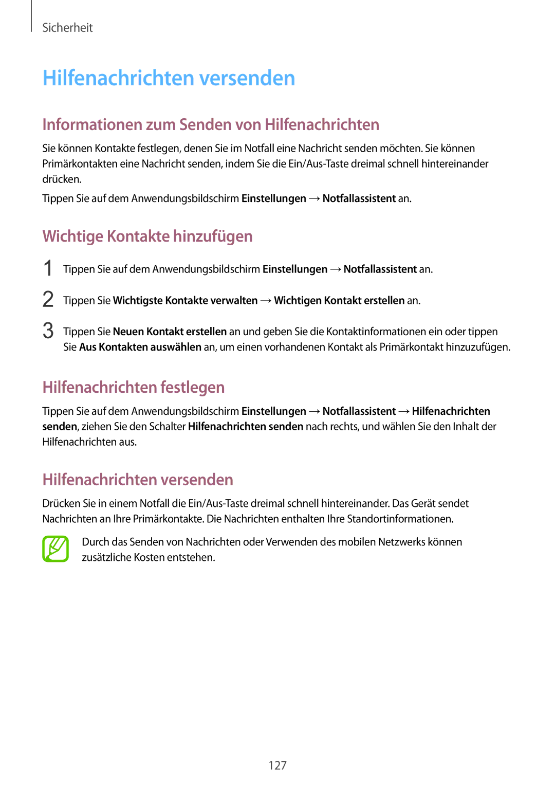 Samsung SM-C1150ZWAEUR, SM-C1150ZKASEB manual Hilfenachrichten versenden, Informationen zum Senden von Hilfenachrichten 