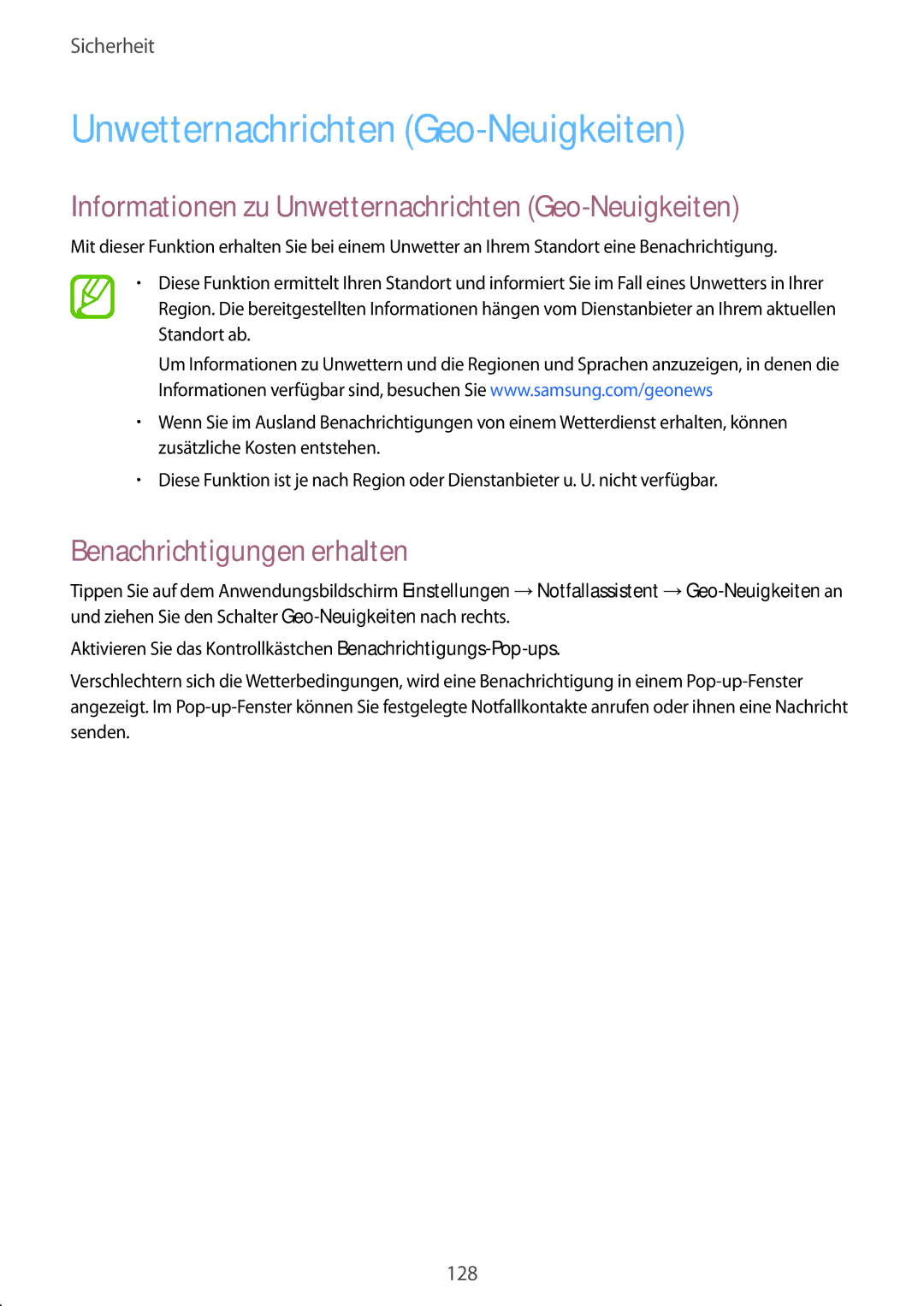 Samsung SM-C1150ZWADBT manual Informationen zu Unwetternachrichten Geo-Neuigkeiten, Benachrichtigungen erhalten 