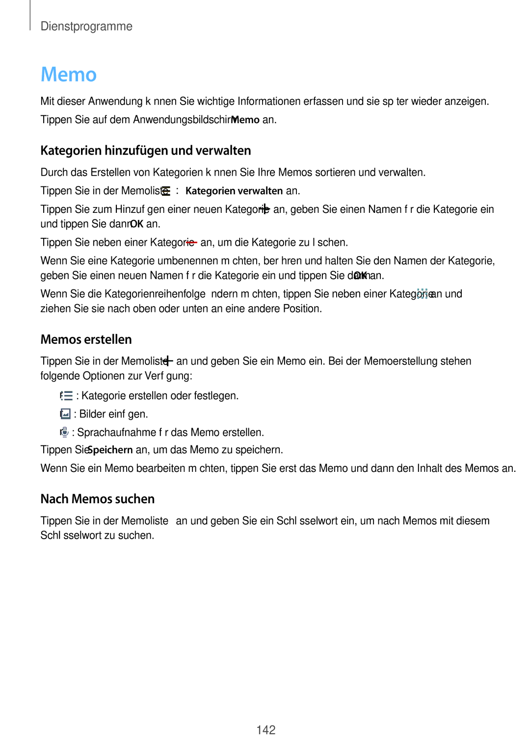 Samsung SM-C1150ZBADBT, SM-C1150ZKASEB manual Kategorien hinzufügen und verwalten, Memos erstellen, Nach Memos suchen 