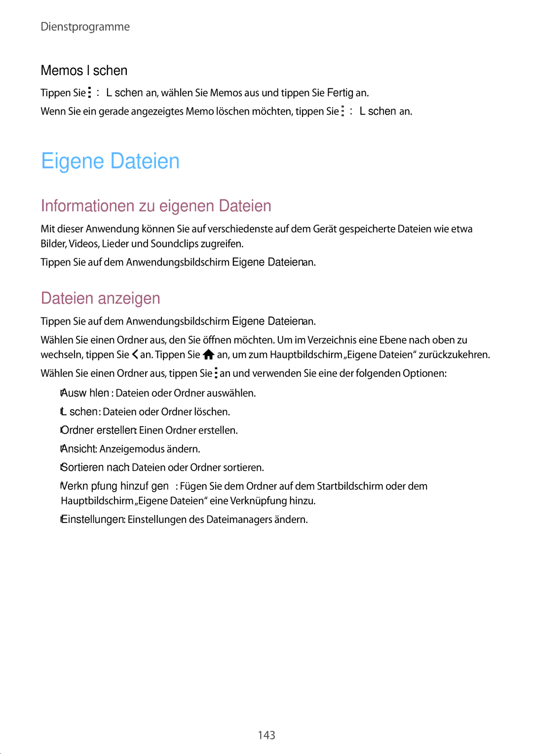 Samsung SM-C1150ZKADBT, SM-C1150ZKASEB Eigene Dateien, Informationen zu eigenen Dateien, Dateien anzeigen, Memos löschen 