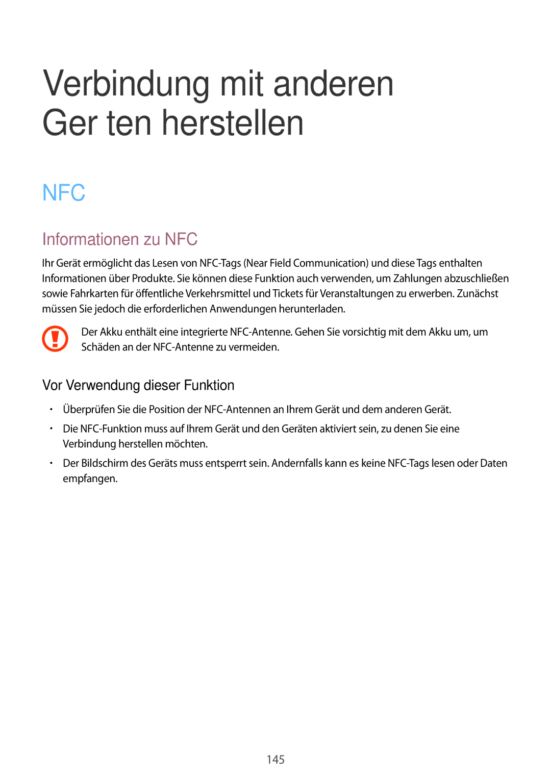 Samsung SM-C1150ZWAEUR, SM-C1150ZKASEB, SM-C1150ZWADBT manual Verbindung mit anderen Geräten herstellen, Informationen zu NFC 