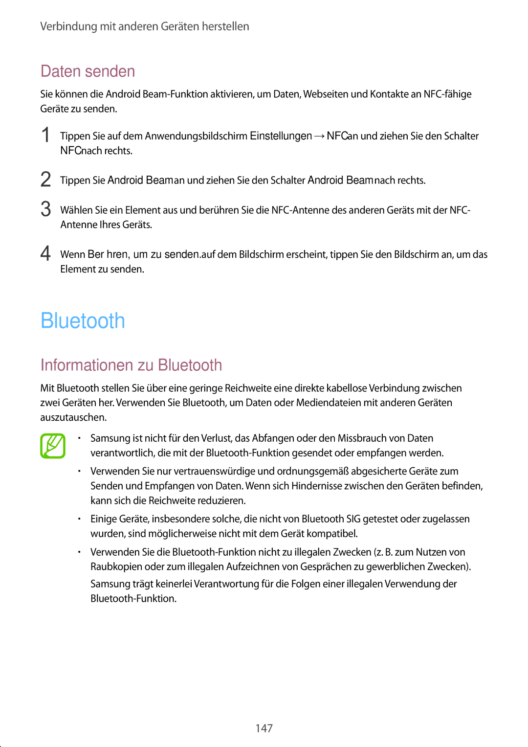 Samsung SM-C1150ZKAEUR, SM-C1150ZKASEB, SM-C1150ZWAEUR, SM-C1150ZWADBT manual Daten senden, Informationen zu Bluetooth 