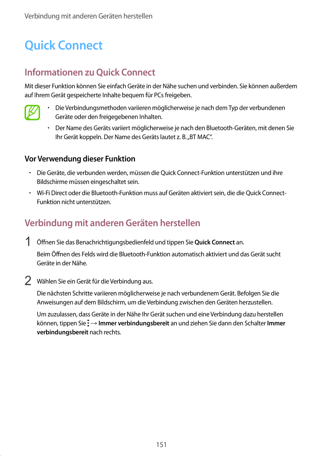 Samsung SM-C1150ZWAEUR, SM-C1150ZKASEB manual Informationen zu Quick Connect, Verbindung mit anderen Geräten herstellen 