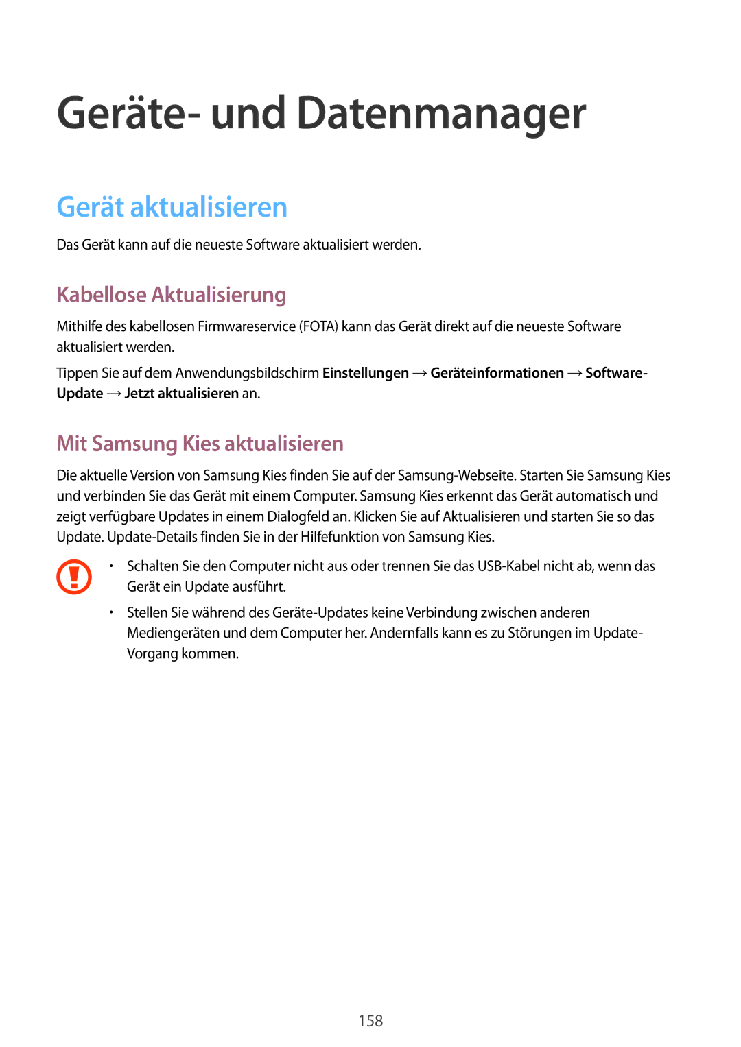 Samsung SM-C1150ZWADBT, SM-C1150ZKASEB manual Geräte- und Datenmanager, Gerät aktualisieren, Kabellose Aktualisierung 