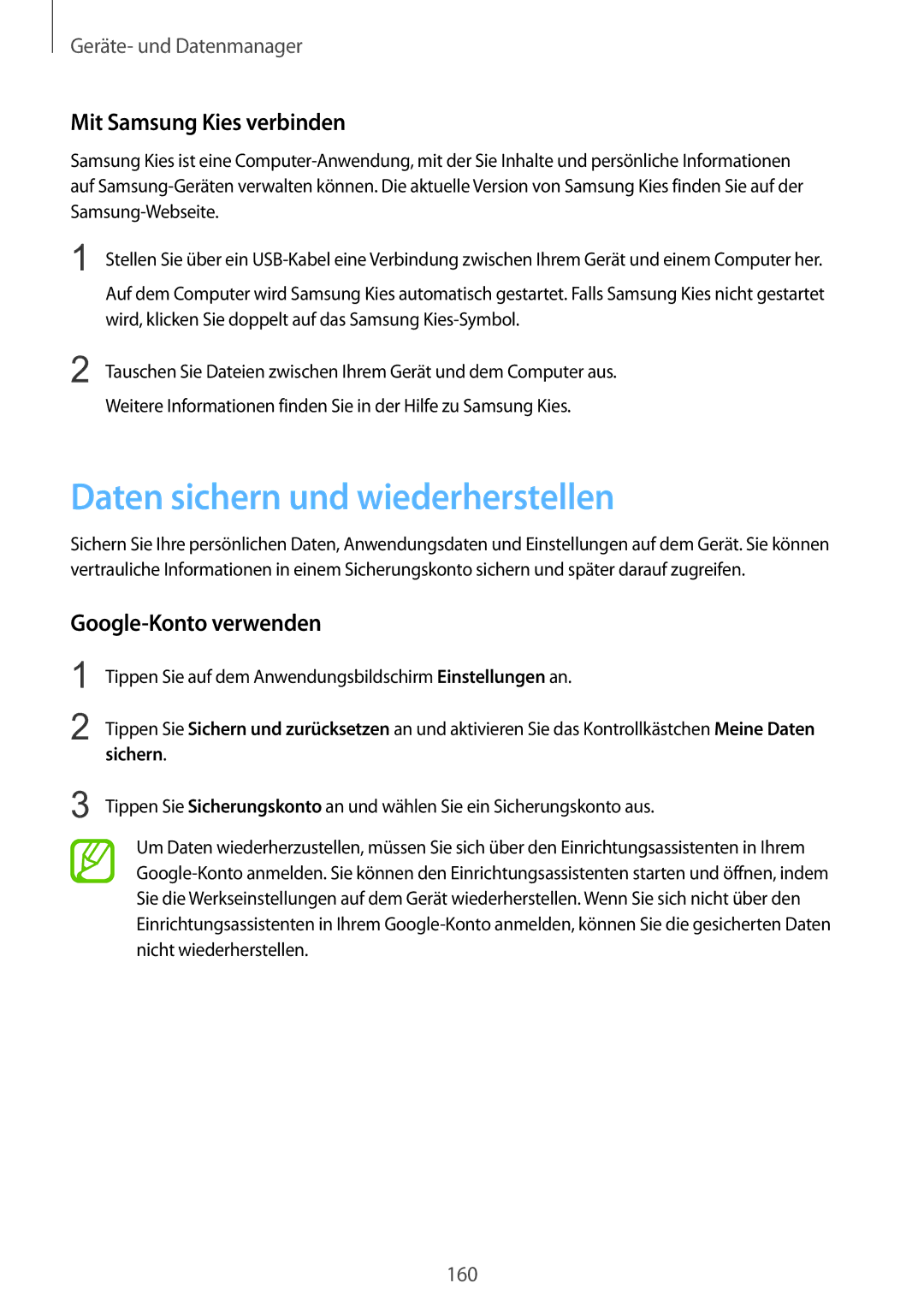 Samsung SM-C1150ZBADBT Daten sichern und wiederherstellen, Mit Samsung Kies verbinden, Google-Konto verwenden, Sichern 