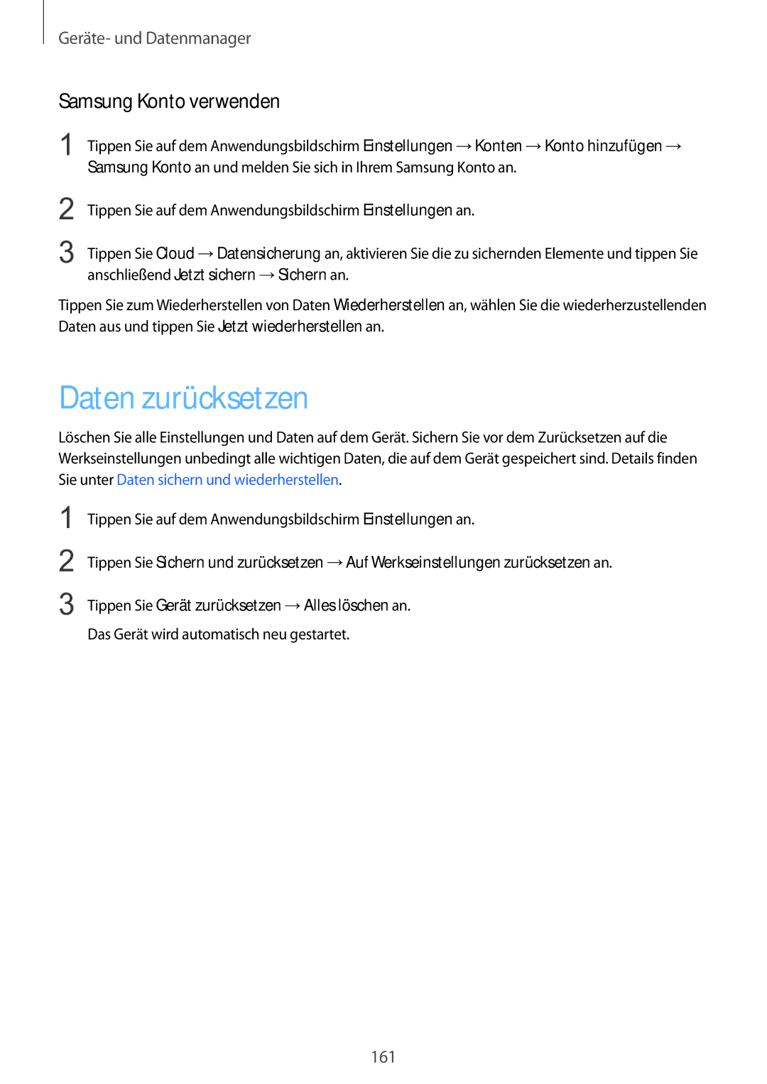 Samsung SM-C1150ZKADBT manual Daten zurücksetzen, Samsung Konto verwenden, Das Gerät wird automatisch neu gestartet 