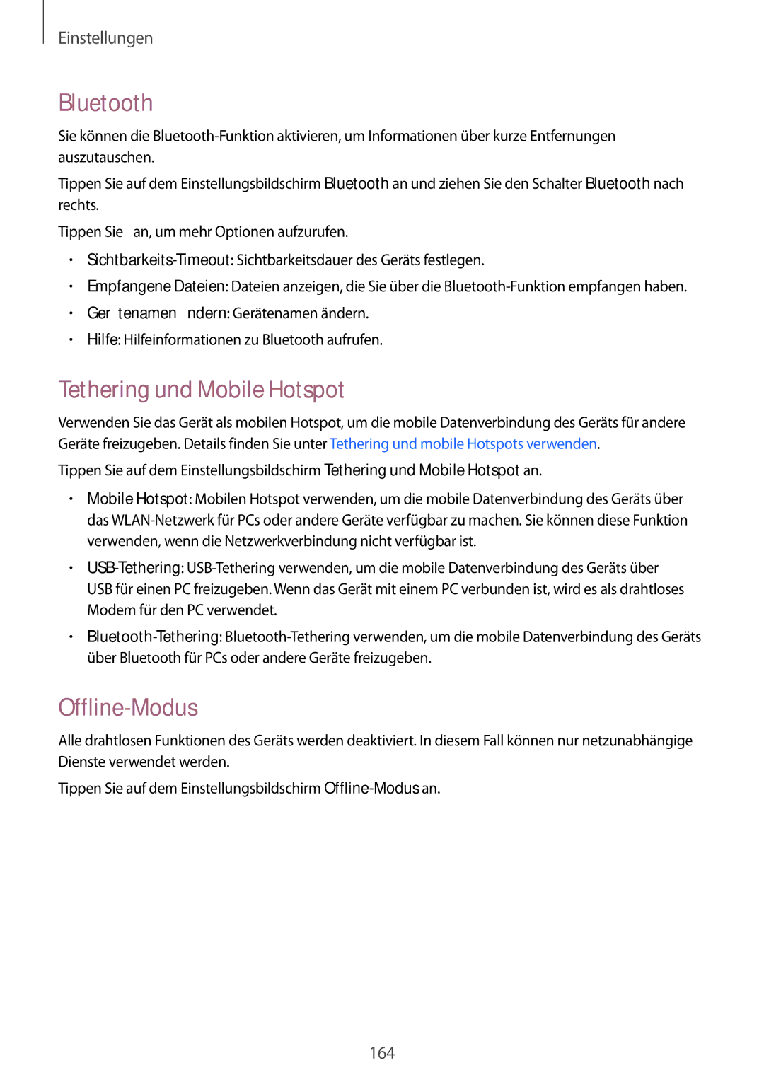 Samsung SM-C1150ZWADBT, SM-C1150ZKASEB, SM-C1150ZWAEUR manual Bluetooth, Tethering und Mobile Hotspot, Offline-Modus 