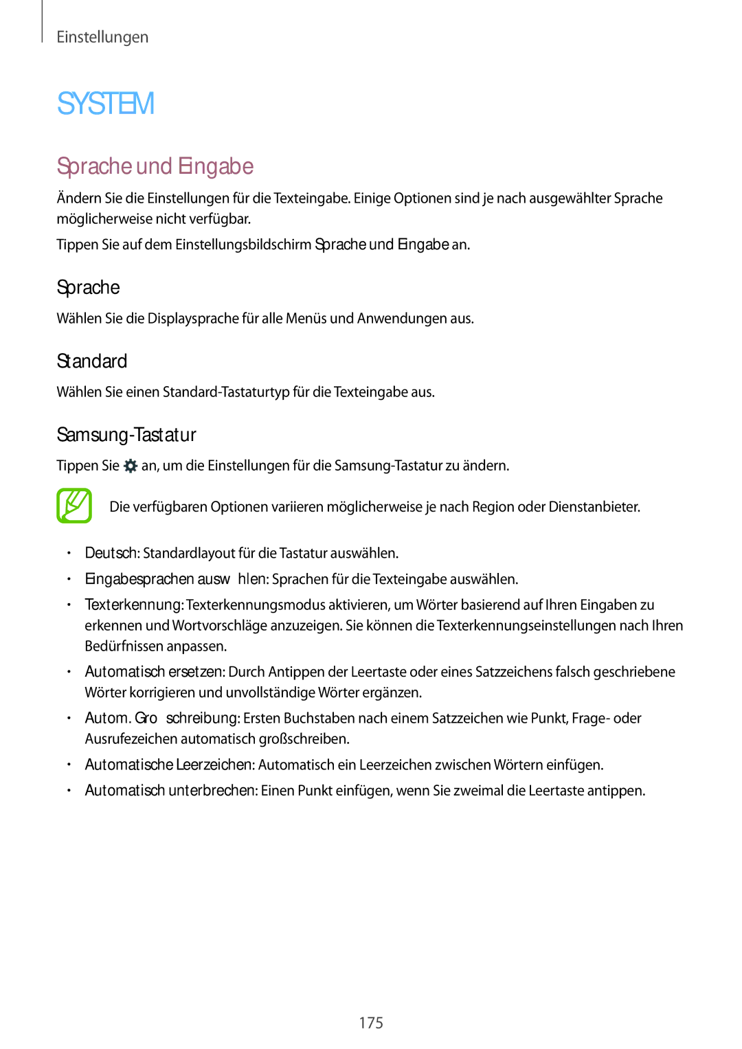 Samsung SM-C1150ZWAEUR, SM-C1150ZKASEB, SM-C1150ZWADBT, SM-C1150ZKAEUR manual Sprache und Eingabe, Standard, Samsung-Tastatur 