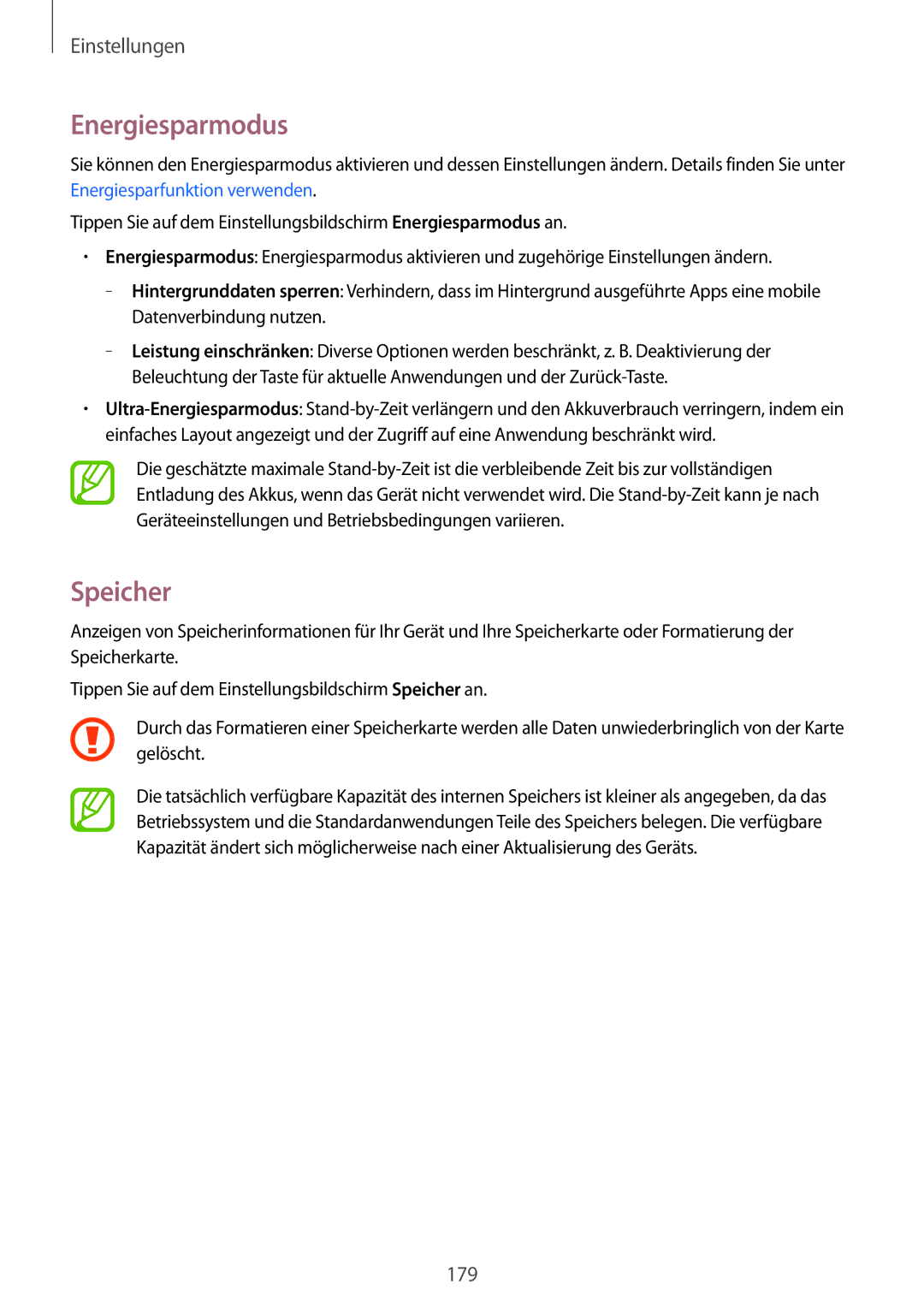 Samsung SM-C1150ZKADBT, SM-C1150ZKASEB, SM-C1150ZWAEUR, SM-C1150ZWADBT, SM-C1150ZKAEUR manual Energiesparmodus, Speicher 