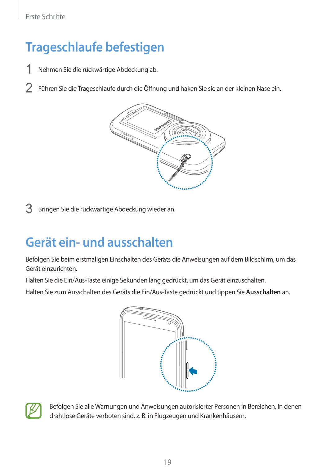 Samsung SM-C1150ZWAEUR, SM-C1150ZKASEB, SM-C1150ZWADBT, SM-C1150ZKAEUR Trageschlaufe befestigen, Gerät ein- und ausschalten 