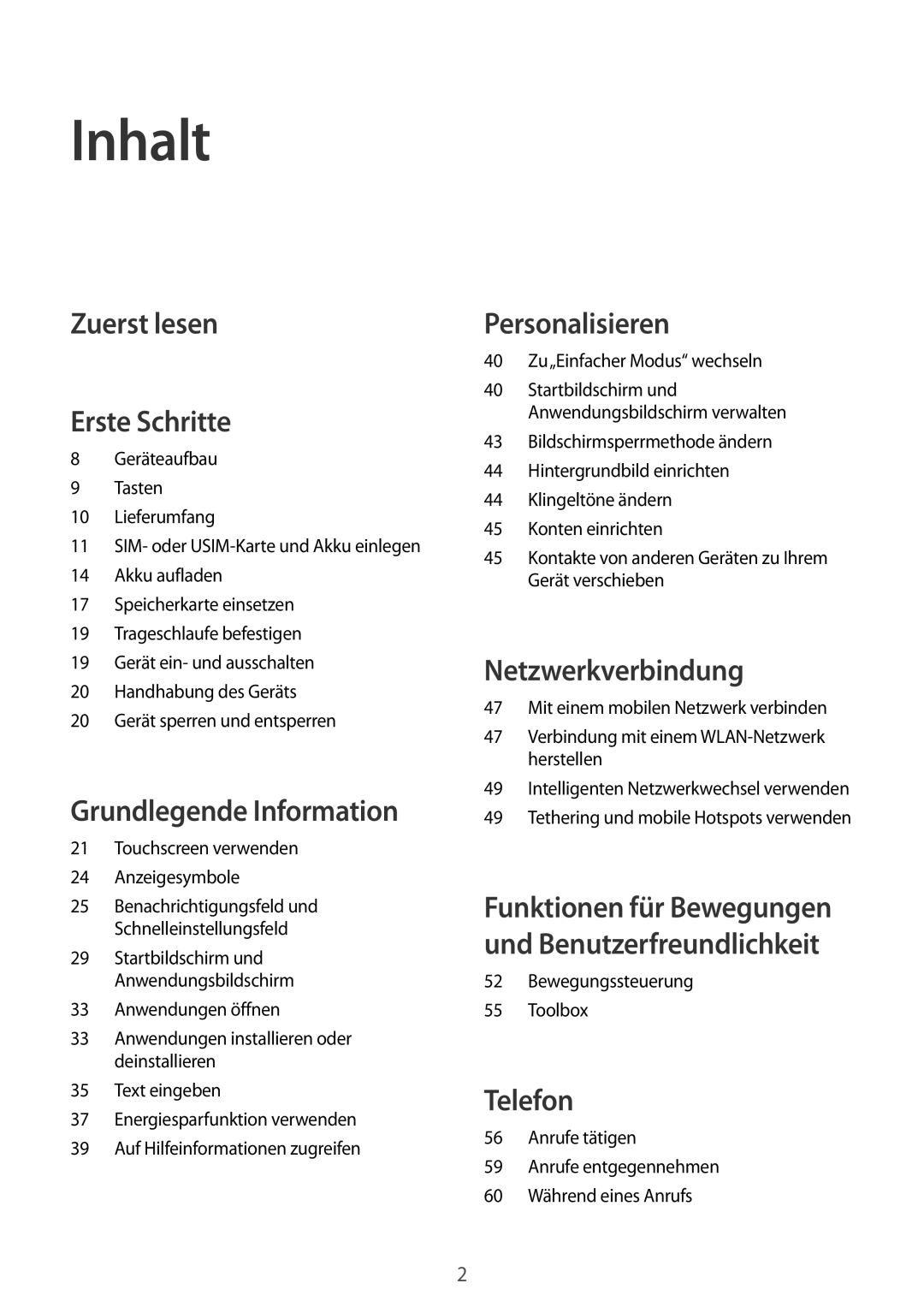 Samsung SM-C1150ZWADBT, SM-C1150ZKASEB manual Inhalt, Touchscreen verwenden Anzeigesymbole, 40 Zu„Einfacher Modus wechseln 