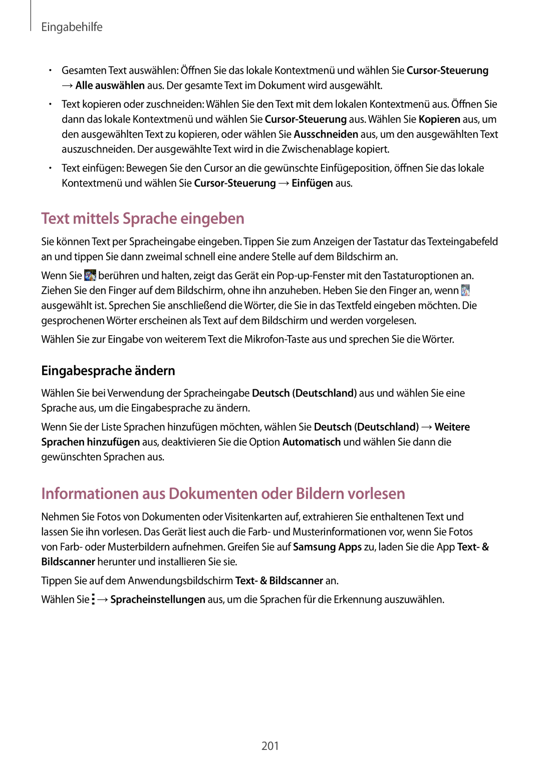 Samsung SM-C1150ZKAEUR, SM-C1150ZKASEB Text mittels Sprache eingeben, Informationen aus Dokumenten oder Bildern vorlesen 