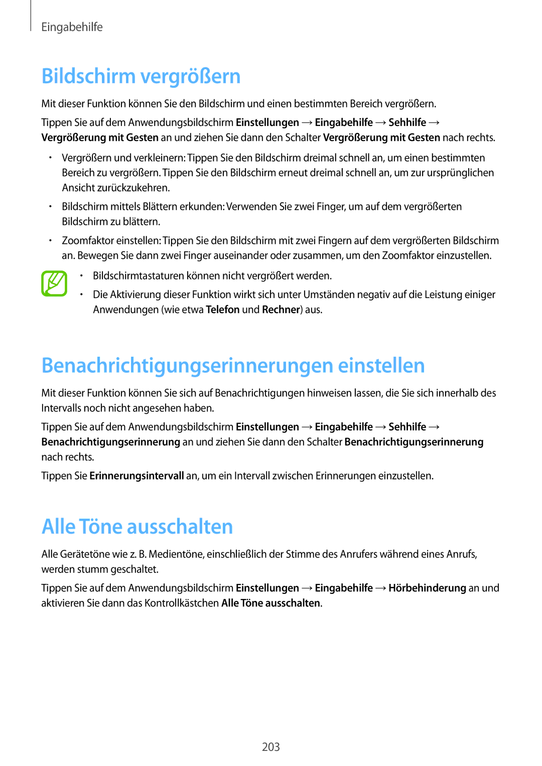 Samsung SM-C1150ZKADBT manual Bildschirm vergrößern, Benachrichtigungserinnerungen einstellen, Alle Töne ausschalten 