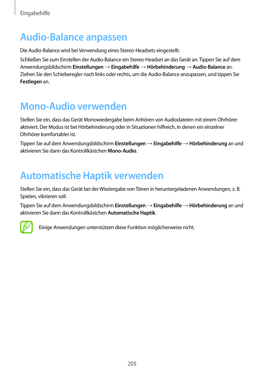 Samsung SM-C1150ZWAEUR, SM-C1150ZKASEB manual Audio-Balance anpassen, Mono-Audio verwenden, Automatische Haptik verwenden 
