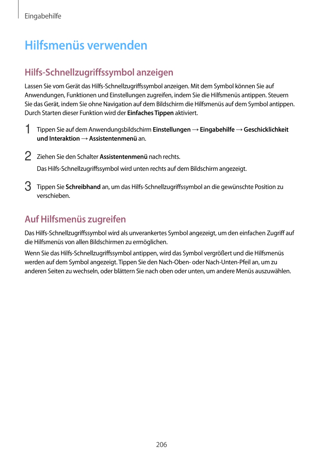 Samsung SM-C1150ZWADBT manual Hilfsmenüs verwenden, Hilfs-Schnellzugriffssymbol anzeigen, Auf Hilfsmenüs zugreifen 