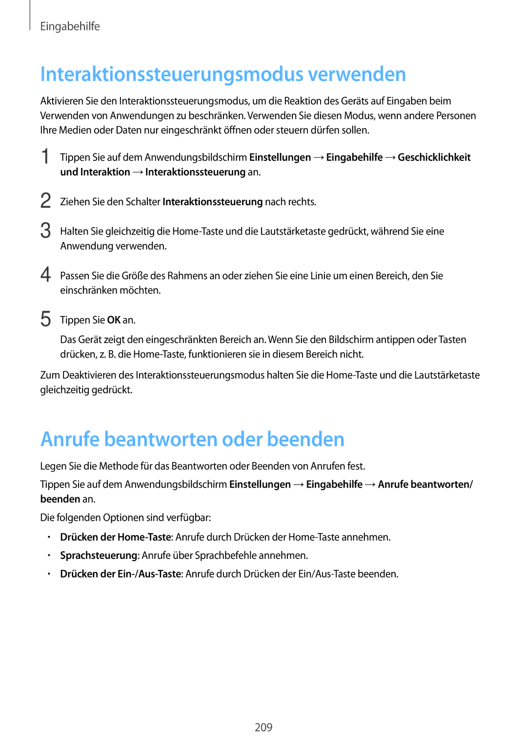 Samsung SM-C1150ZKADBT manual Interaktionssteuerungsmodus verwenden, Anrufe beantworten oder beenden, Einschränken möchten 