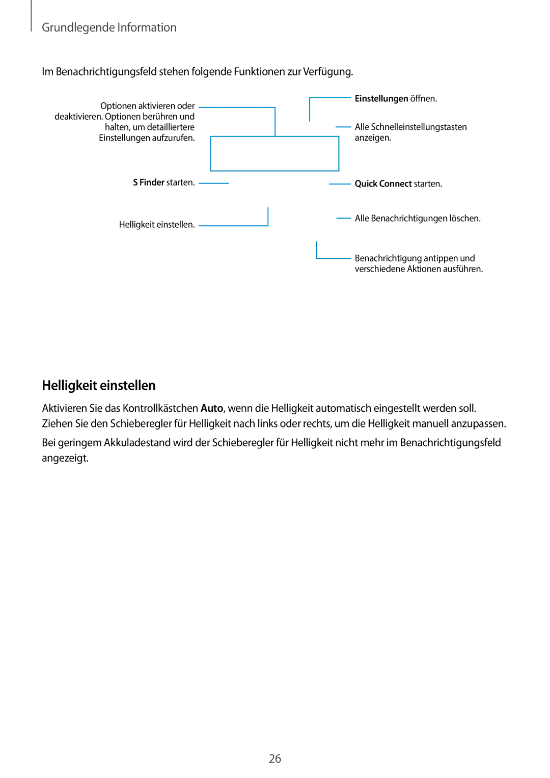 Samsung SM-C1150ZWADBT, SM-C1150ZKASEB, SM-C1150ZWAEUR, SM-C1150ZKAEUR manual Helligkeit einstellen, Quick Connect starten 