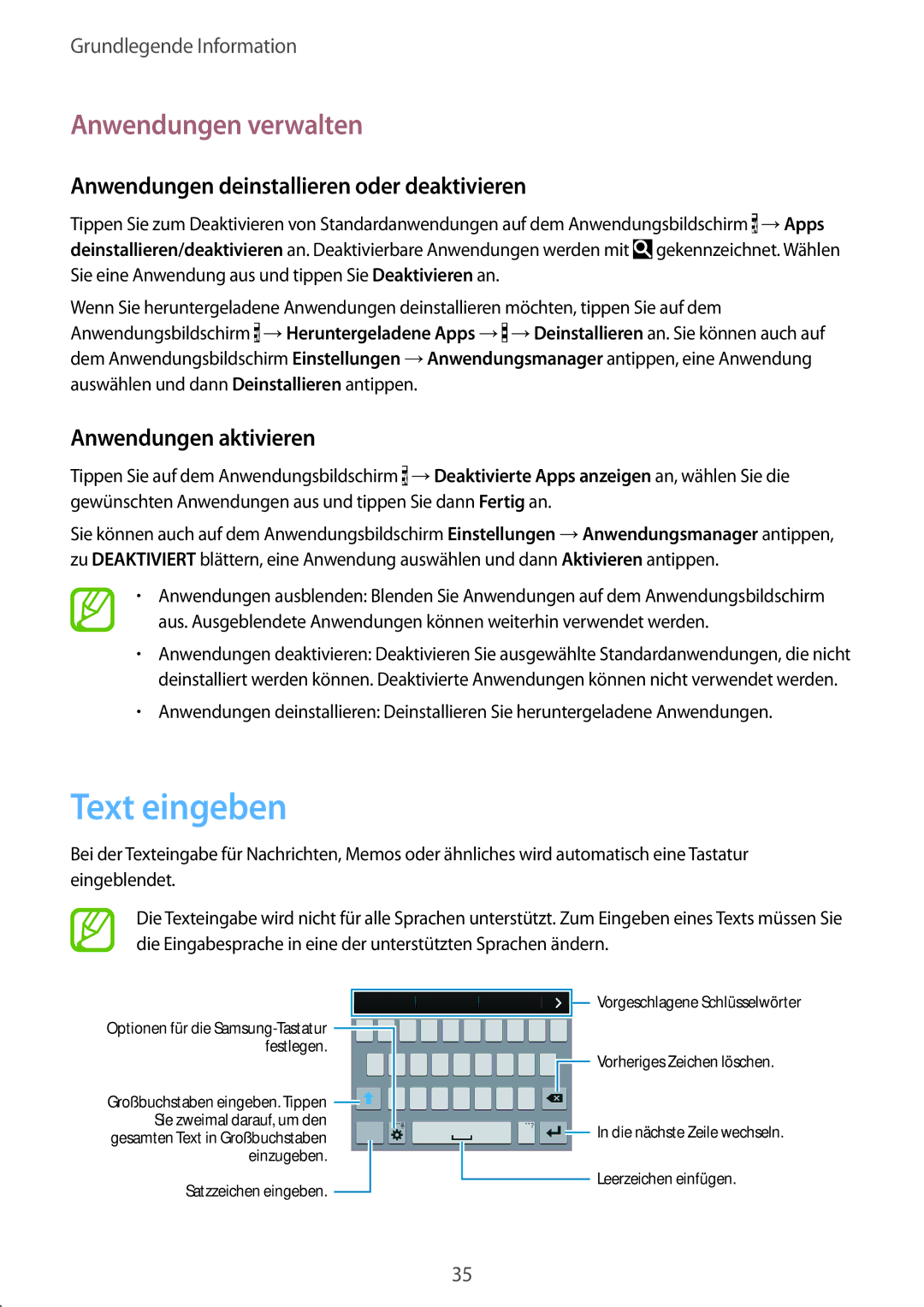 Samsung SM-C1150ZKADBT, SM-C1150ZKASEB Text eingeben, Anwendungen verwalten, Anwendungen deinstallieren oder deaktivieren 