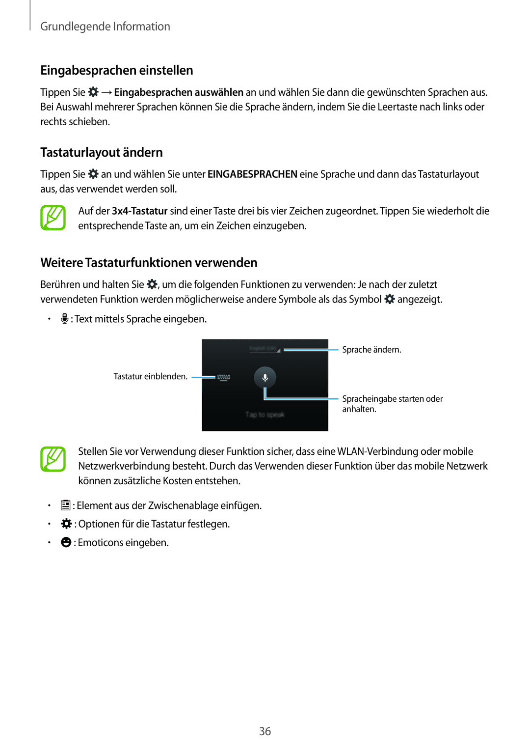 Samsung SM-C1150ZKASEB manual Eingabesprachen einstellen, Tastaturlayout ändern, Weitere Tastaturfunktionen verwenden 