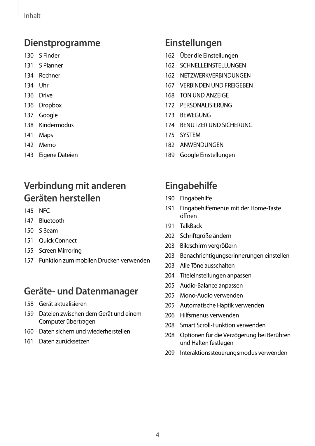 Samsung SM-C1150ZBADBT manual Finder 162 Über die Einstellungen 131 Planner, Rechner 162, Uhr 167, Drive 168, Dropbox 172 