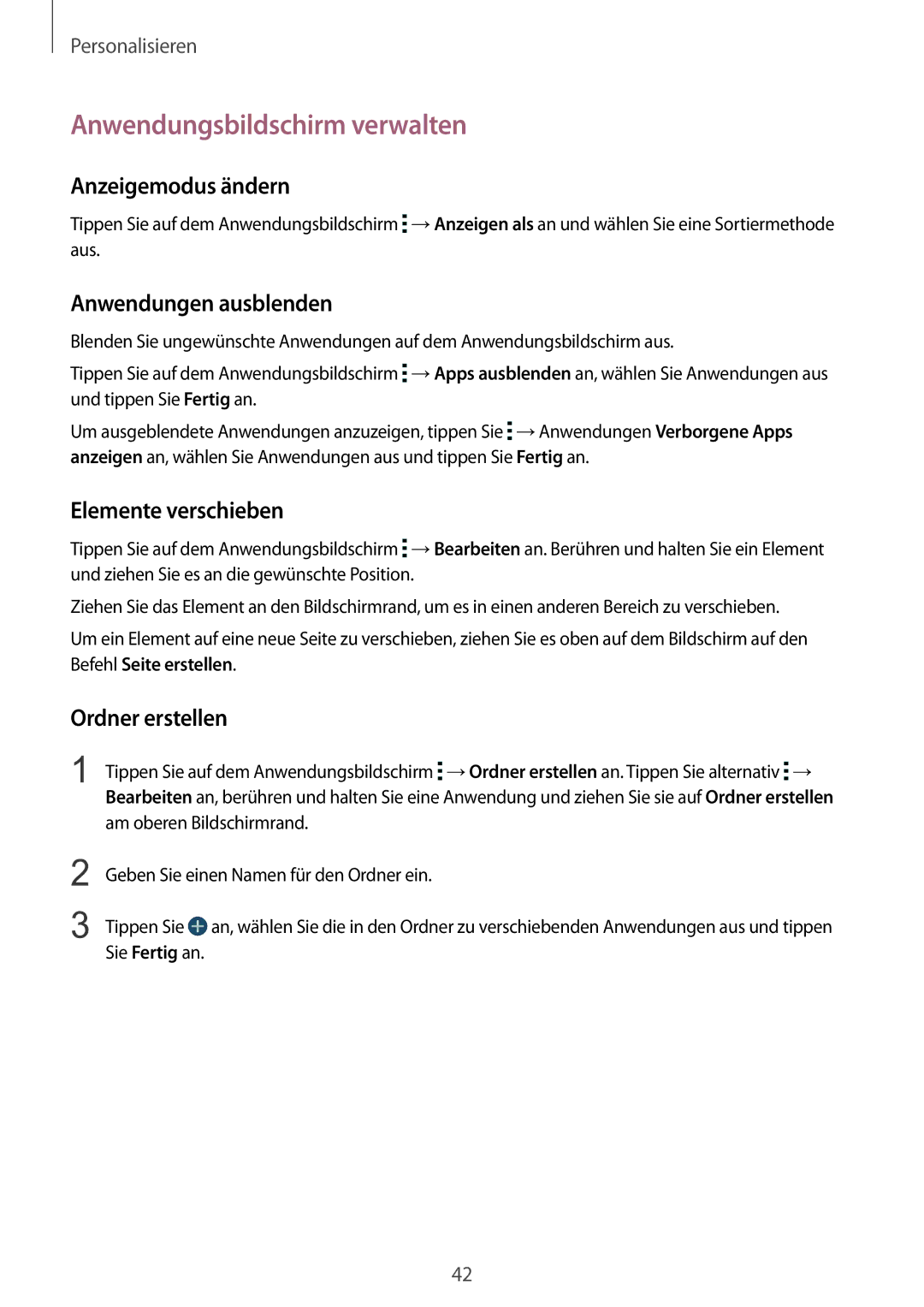 Samsung SM-C1150ZKASEB Anwendungsbildschirm verwalten, Anzeigemodus ändern, Anwendungen ausblenden, Elemente verschieben 