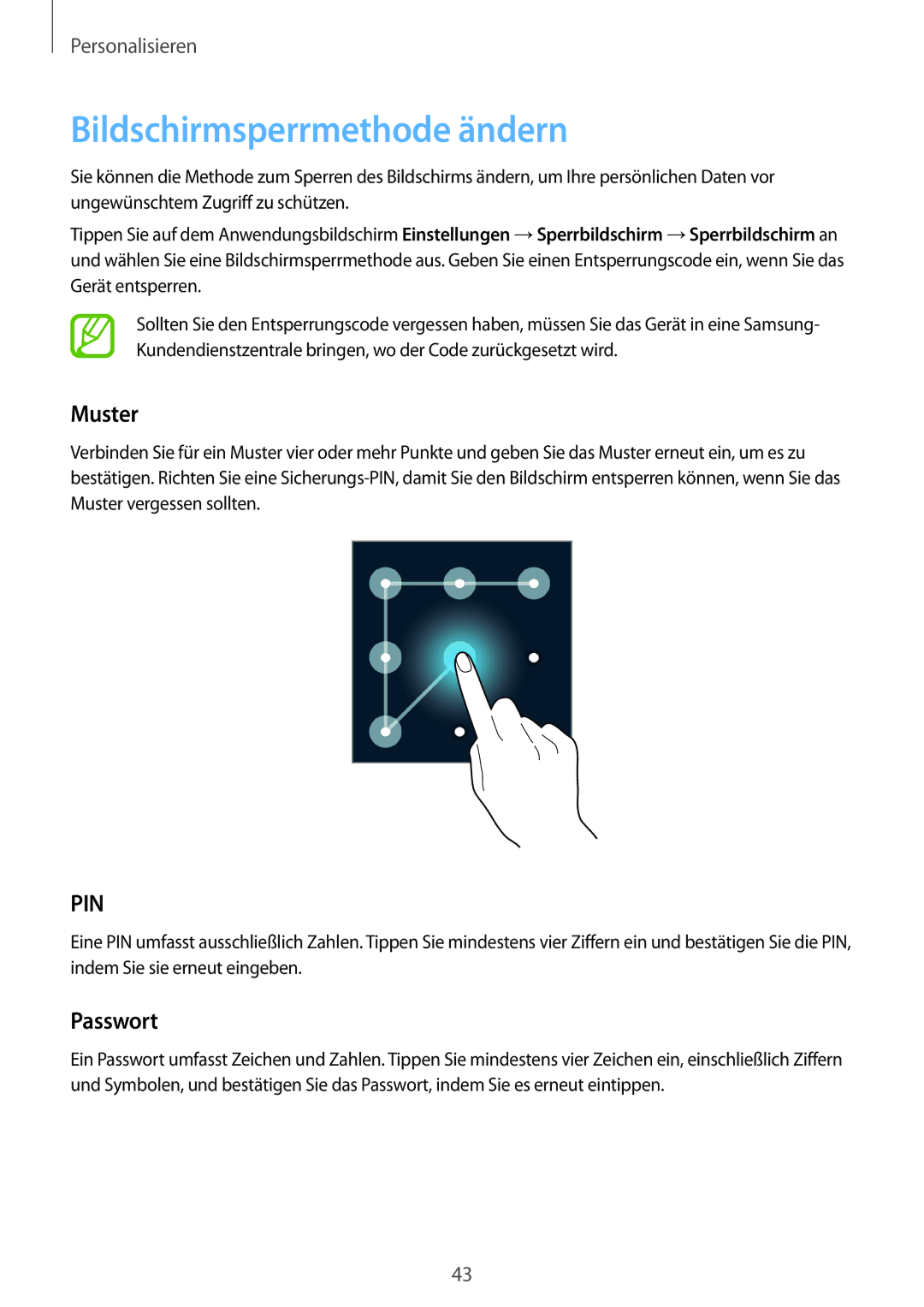 Samsung SM-C1150ZWAEUR, SM-C1150ZKASEB, SM-C1150ZWADBT, SM-C1150ZKAEUR manual Bildschirmsperrmethode ändern, Muster, Passwort 