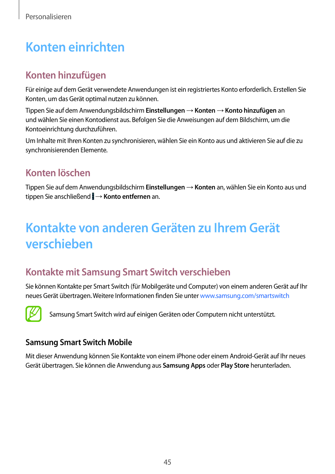 Samsung SM-C1150ZKAEUR manual Konten einrichten, Kontakte von anderen Geräten zu Ihrem Gerät verschieben, Konten hinzufügen 