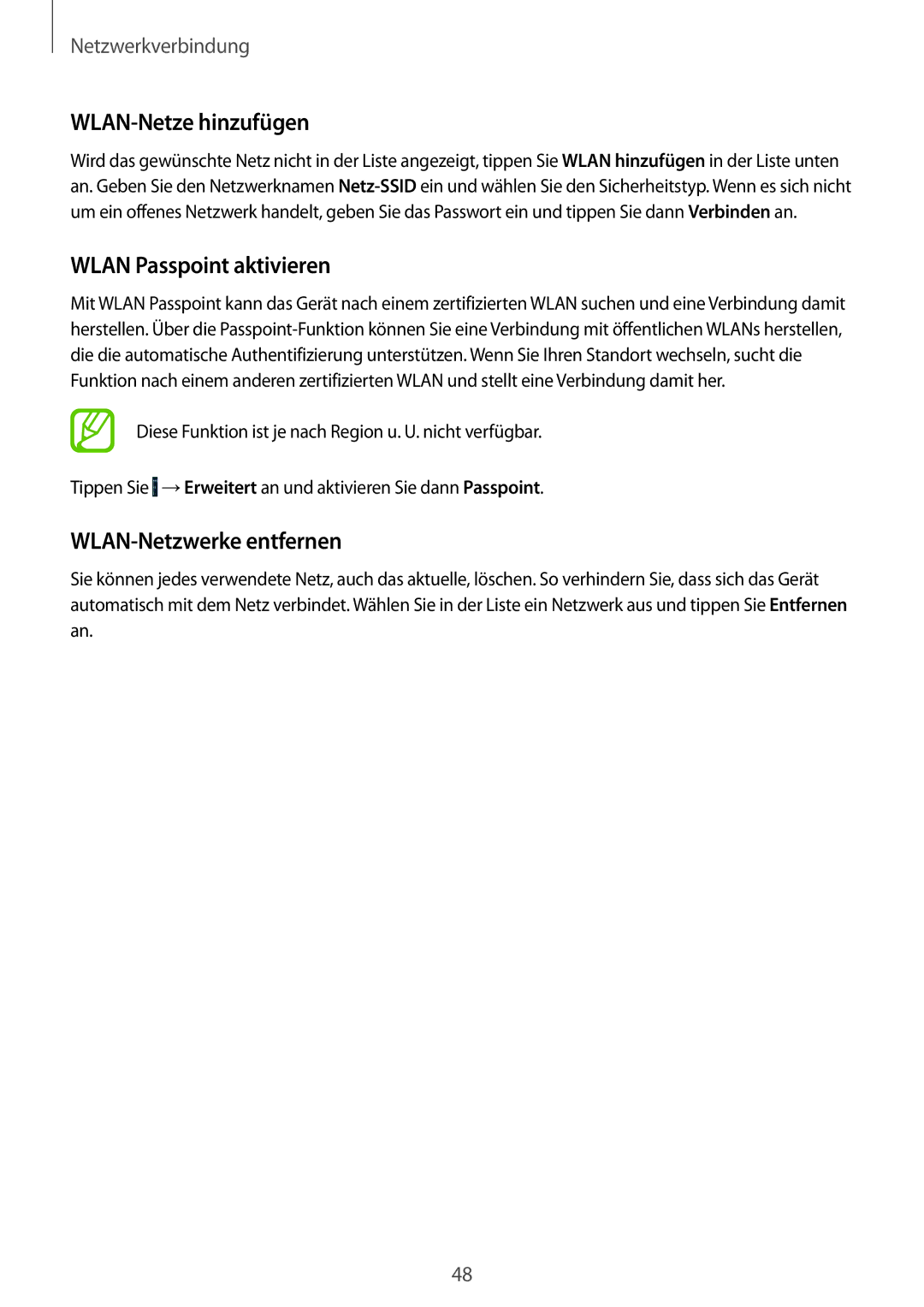 Samsung SM-C1150ZKASEB, SM-C1150ZWAEUR manual WLAN-Netze hinzufügen, Wlan Passpoint aktivieren, WLAN-Netzwerke entfernen 