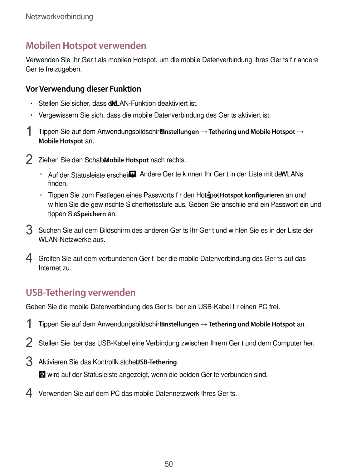 Samsung SM-C1150ZWADBT, SM-C1150ZKASEB Mobilen Hotspot verwenden, USB-Tethering verwenden, Vor Verwendung dieser Funktion 