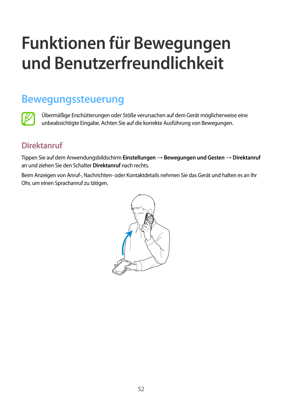 Samsung SM-C1150ZBADBT, SM-C1150ZKASEB, SM-C1150ZWAEUR, SM-C1150ZWADBT, SM-C1150ZKAEUR manual Bewegungssteuerung, Direktanruf 