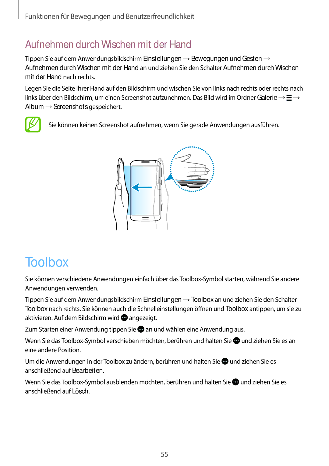 Samsung SM-C1150ZWAEUR, SM-C1150ZKASEB, SM-C1150ZWADBT, SM-C1150ZKAEUR manual Toolbox, Aufnehmen durch Wischen mit der Hand 