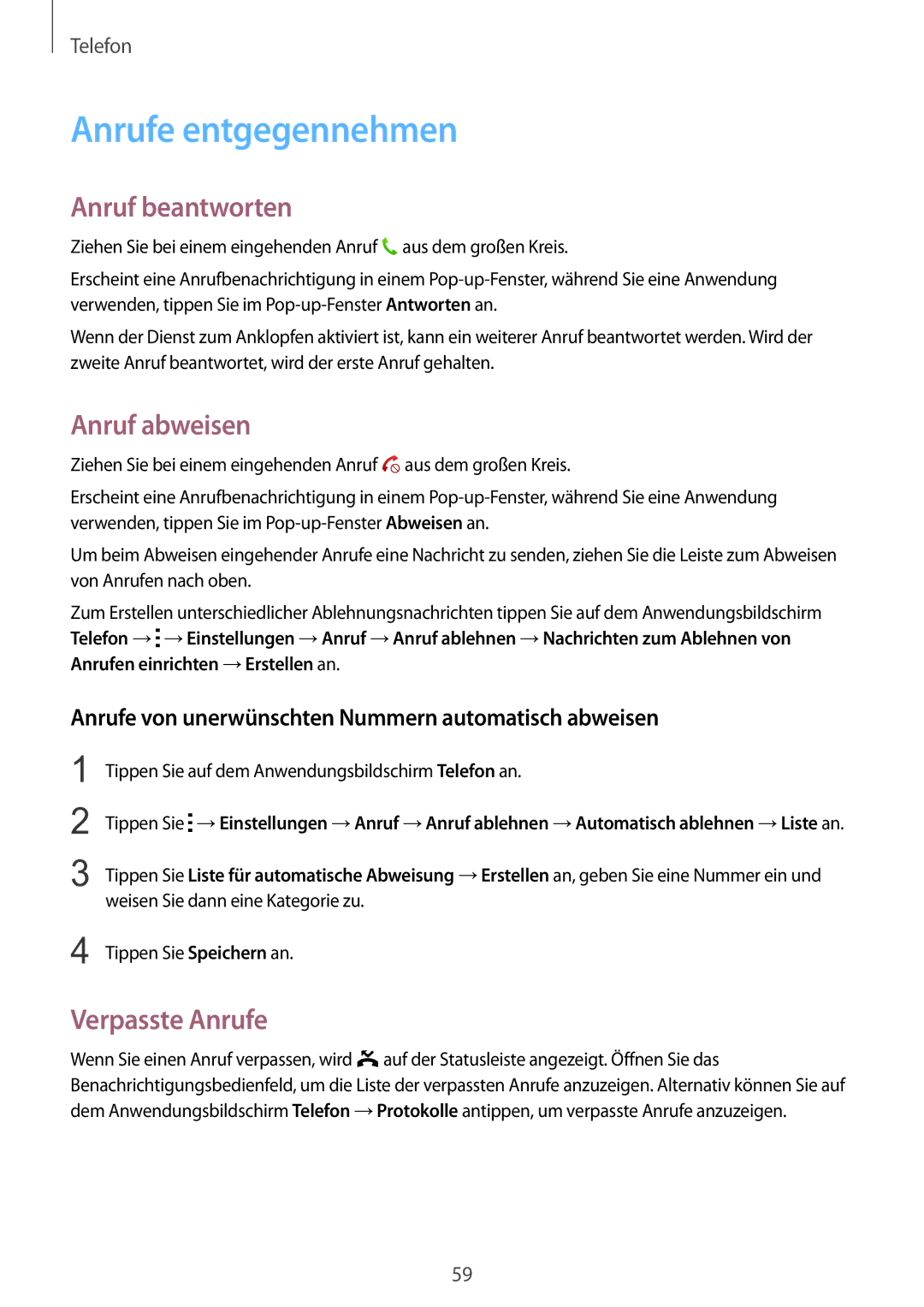 Samsung SM-C1150ZKADBT, SM-C1150ZKASEB manual Anrufe entgegennehmen, Anruf beantworten, Anruf abweisen, Verpasste Anrufe 