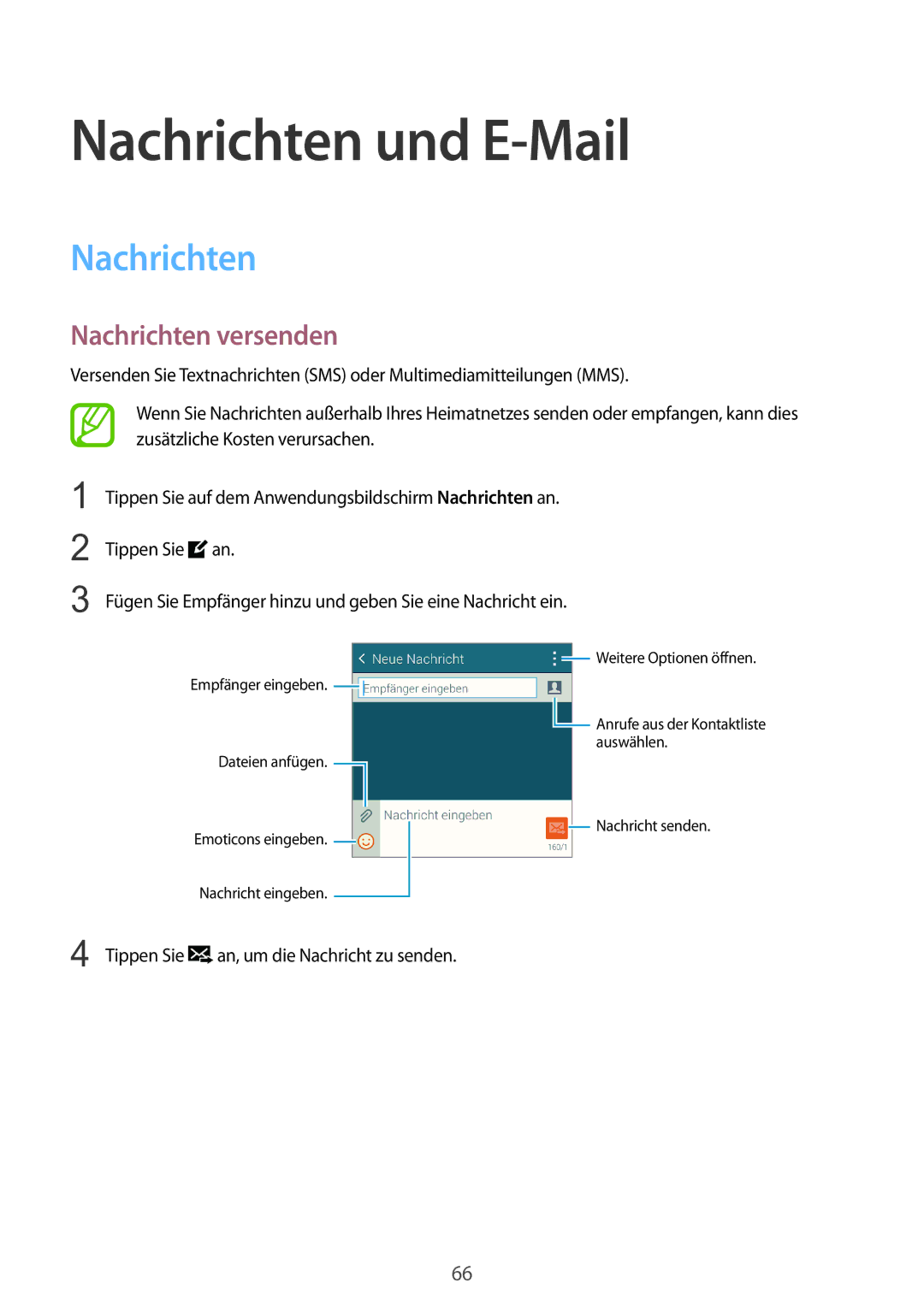 Samsung SM-C1150ZKASEB, SM-C1150ZWAEUR, SM-C1150ZWADBT manual Nachrichten und E-Mail, Nachrichten versenden, Tippen Sie 