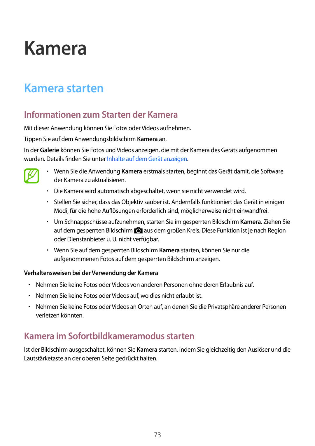 Samsung SM-C1150ZWAEUR Kamera starten, Informationen zum Starten der Kamera, Kamera im Sofortbildkameramodus starten 